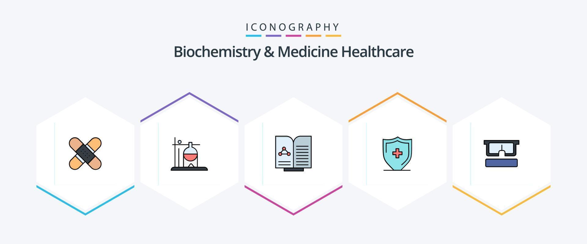 biochimie et médicament soins de santé 25 ligne remplie icône pack comprenant bouclier. signe. réhydratation. hôpital. rapport vecteur