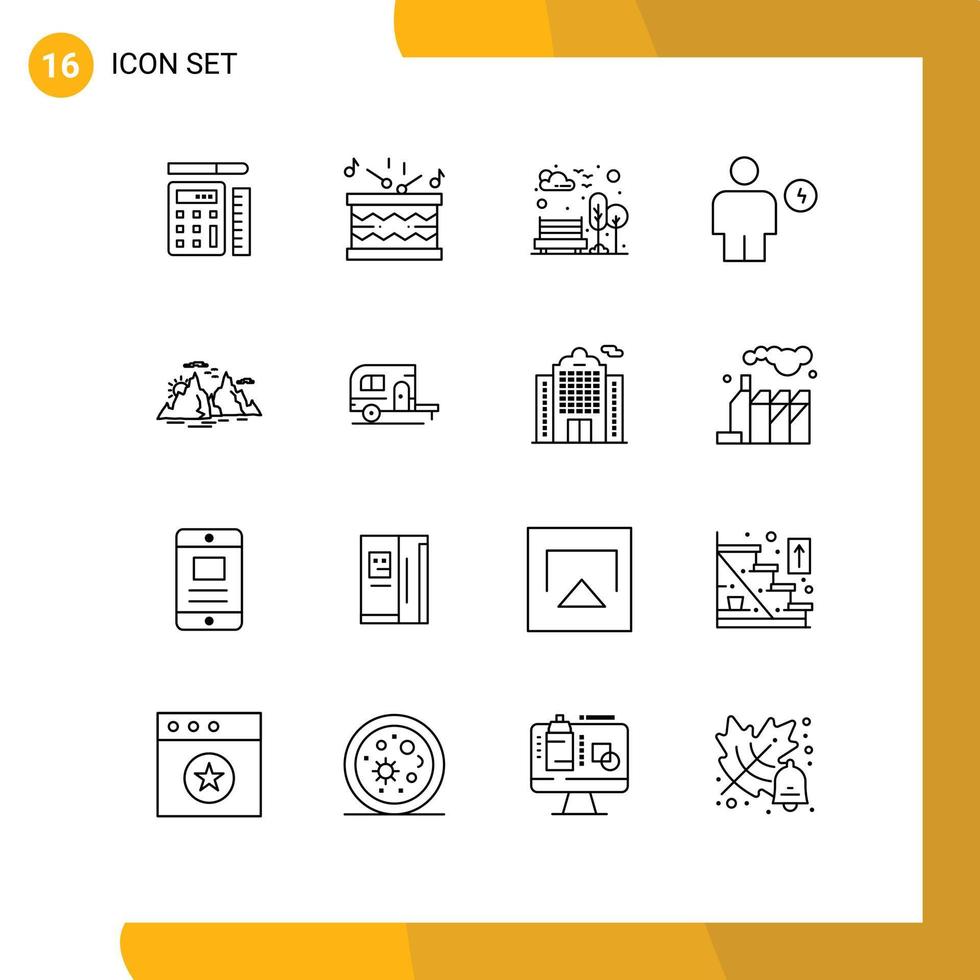 mobile interface contour ensemble de 16 pictogrammes de Montagne énergie banc électricité avatar modifiable vecteur conception éléments