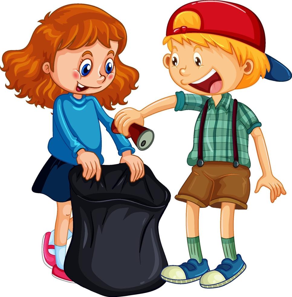 un personnage de dessin animé garçon et fille nettoyant les ordures vecteur