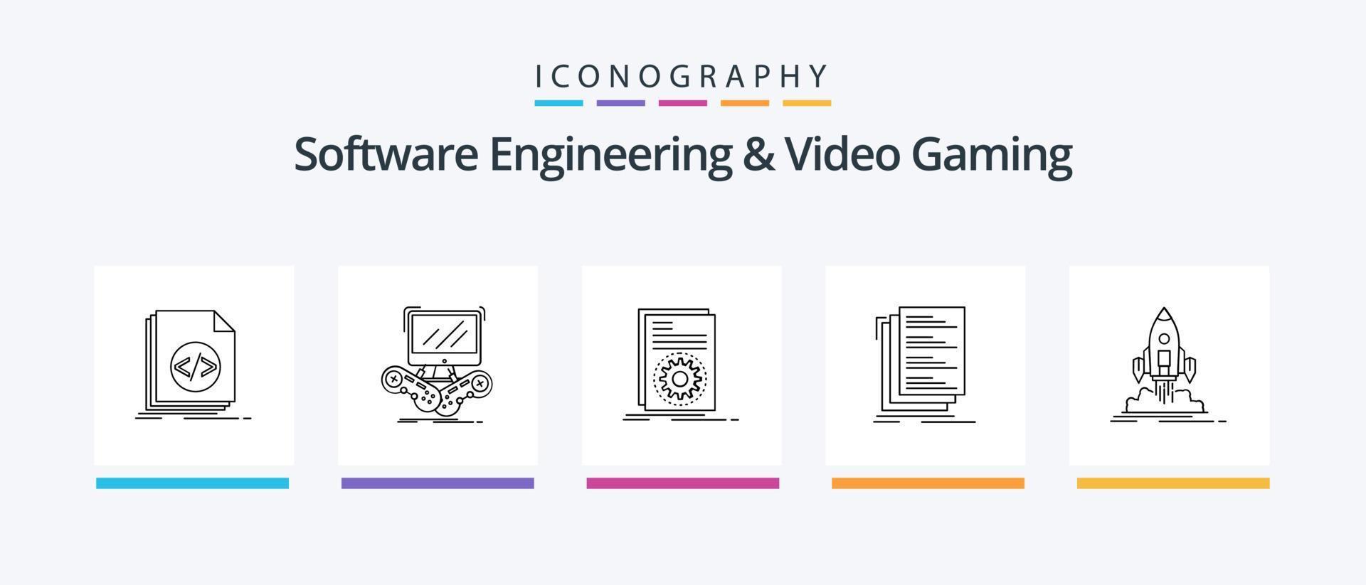 Logiciel ingénierie et vidéo jeu ligne 5 icône pack comprenant déposer. code. pc. mise à jour. nouveau. Créatif Icônes conception vecteur