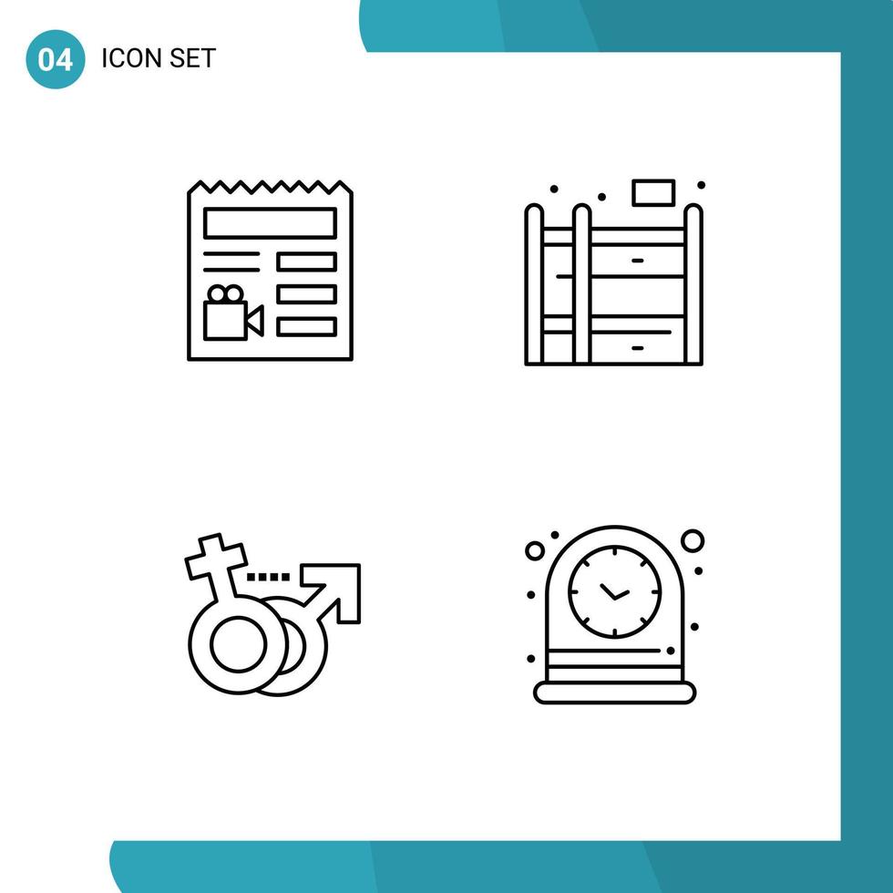 moderne ensemble de 4 ligne remplie plat couleurs et symboles tel comme document femelle caméra couchette lit l'horloge modifiable vecteur conception éléments