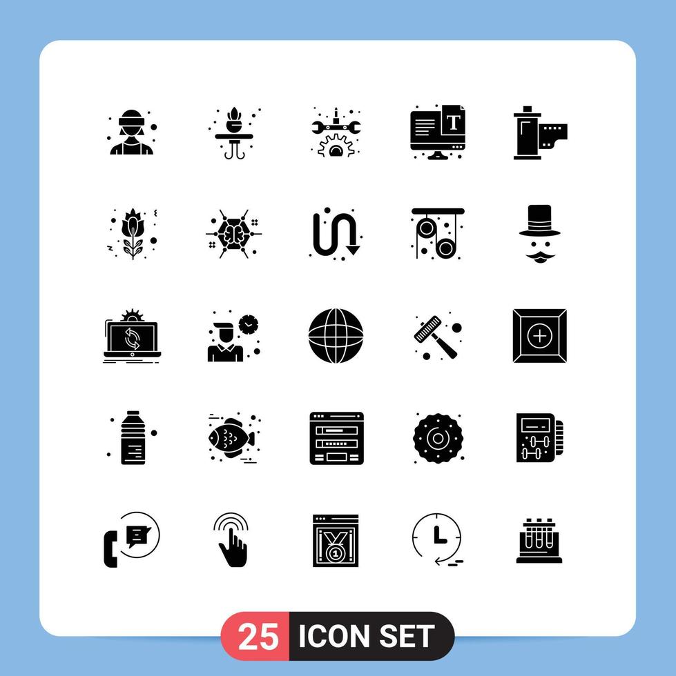 pack de 25 moderne solide glyphes panneaux et symboles pour la toile impression médias tel comme Hollywood dispositifs entretien cinéma typographie modifiable vecteur conception éléments