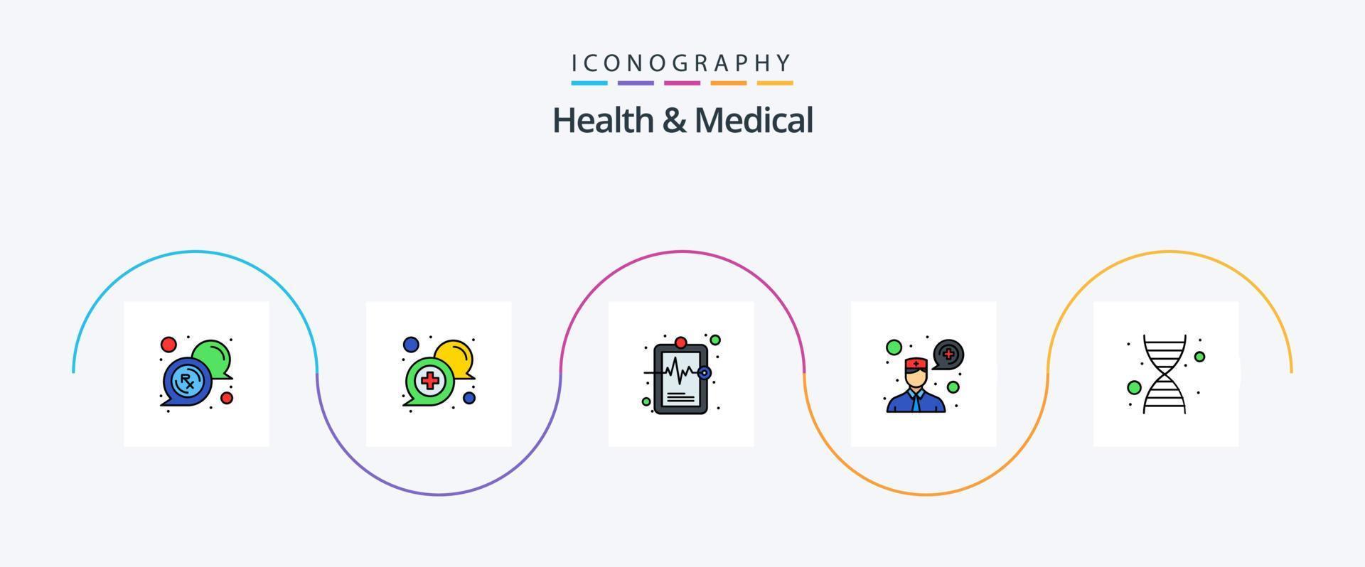 santé et médical ligne rempli plat 5 icône pack comprenant la génétique. communication. soutien. consultation. médical record vecteur