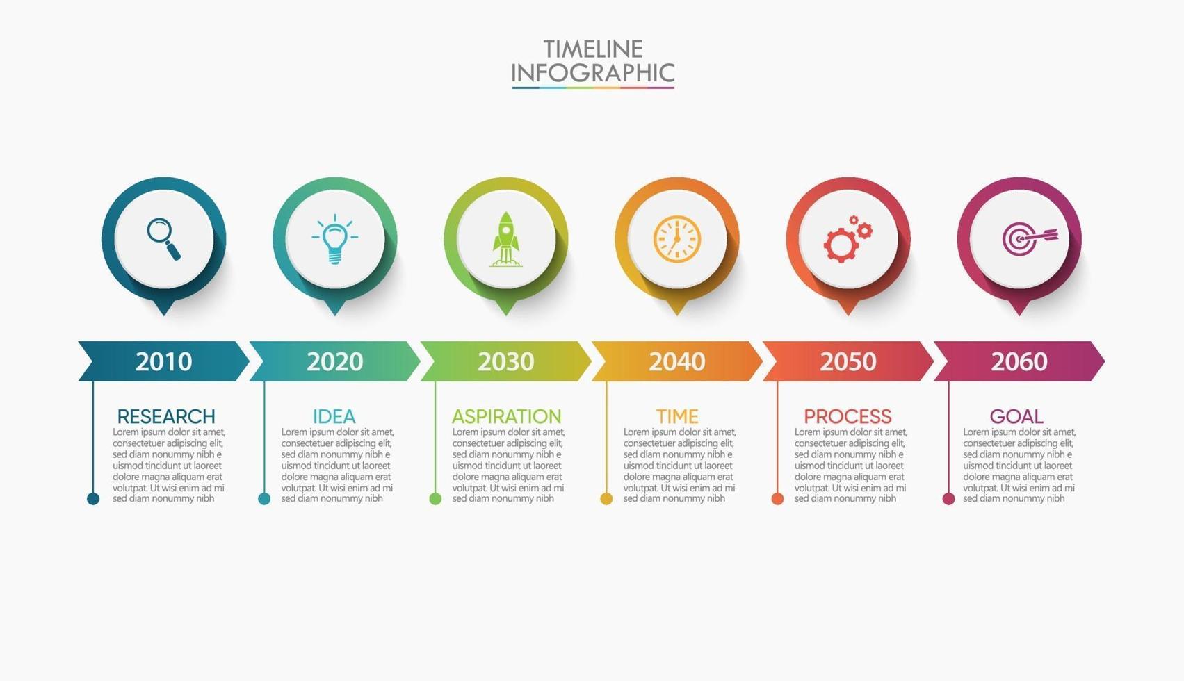 infographie de flèche de chronologie avec des icônes de 6 étapes vecteur