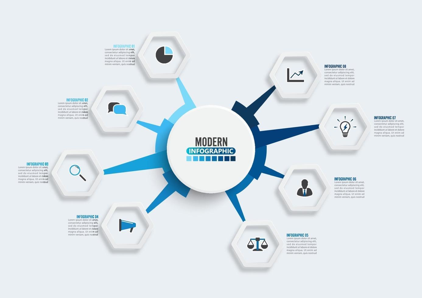 modèle infographique de vecteur avec étiquette en papier 3d, cercles. concept d'entreprise avec 8 options. pour le contenu, le diagramme, l'organigramme, les étapes, les pièces, les infographies de chronologie, le flux de travail, le graphique.