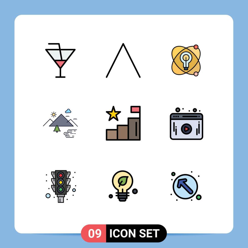 mobile interface ligne remplie plat Couleur ensemble de 9 pictogrammes de analytique Soleil éducation des nuages la nature modifiable vecteur conception éléments