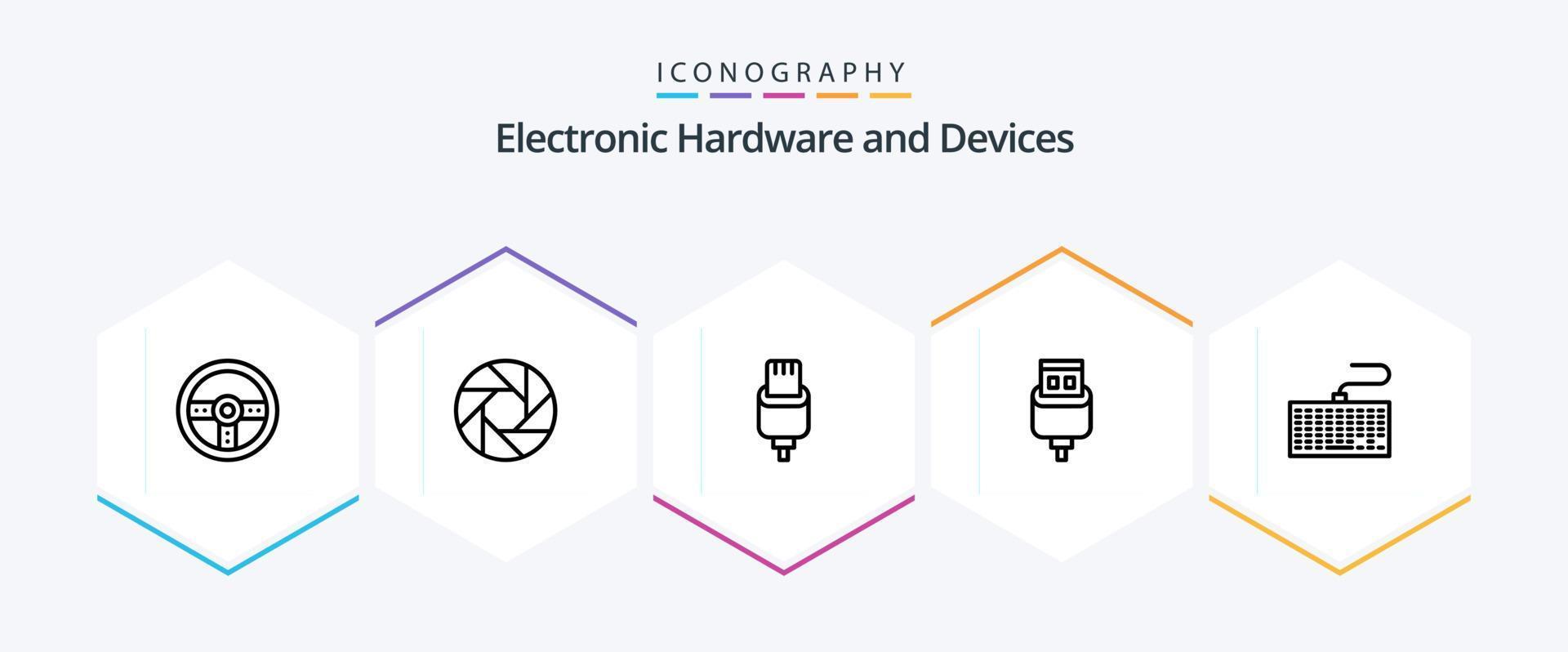 dispositifs 25 ligne icône pack comprenant clavier. USB. câble. connecteur. câble vecteur