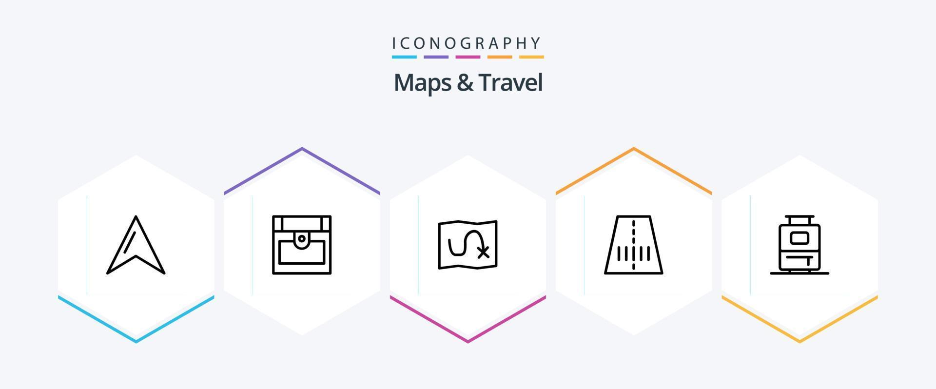 Plans et Voyage 25 ligne icône pack comprenant . . cible. vacances. sac vecteur