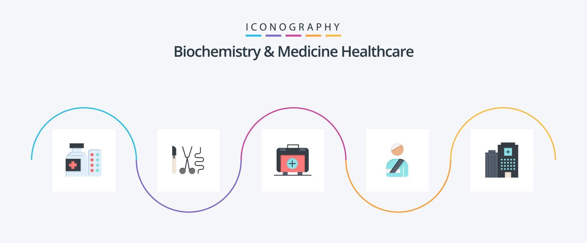 biochimie et médicament soins de santé plat 5 icône pack comprenant fou . hôpital. Sac à main. blessé. patient vecteur