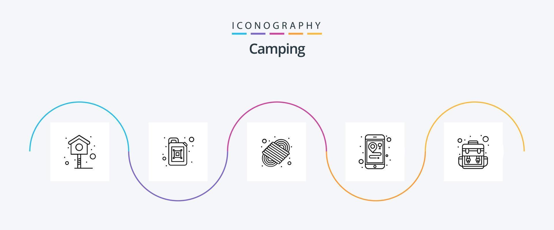 camping ligne 5 icône pack comprenant . en voyageant. para corde. camp. mobile vecteur