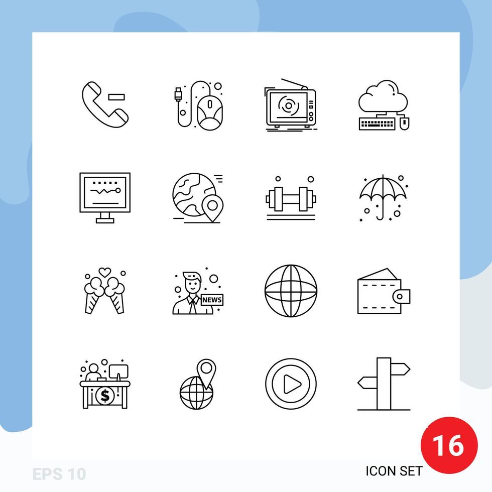 moderne ensemble de 16 grandes lignes et symboles tel comme cardiogramme nuage un d Souris l'informatique modifiable vecteur conception éléments