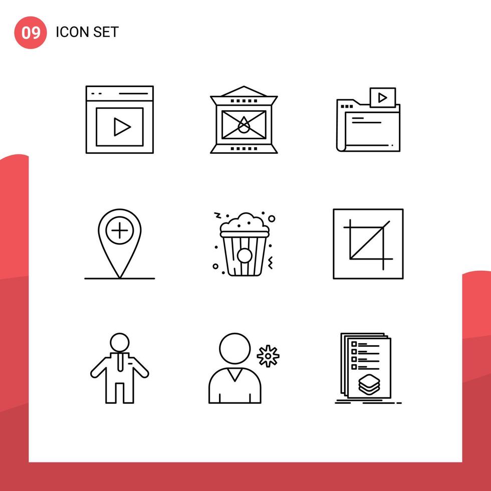 moderne ensemble de 9 grandes lignes pictogramme de cinéma emplacement action de grâces plus médias modifiable vecteur conception éléments