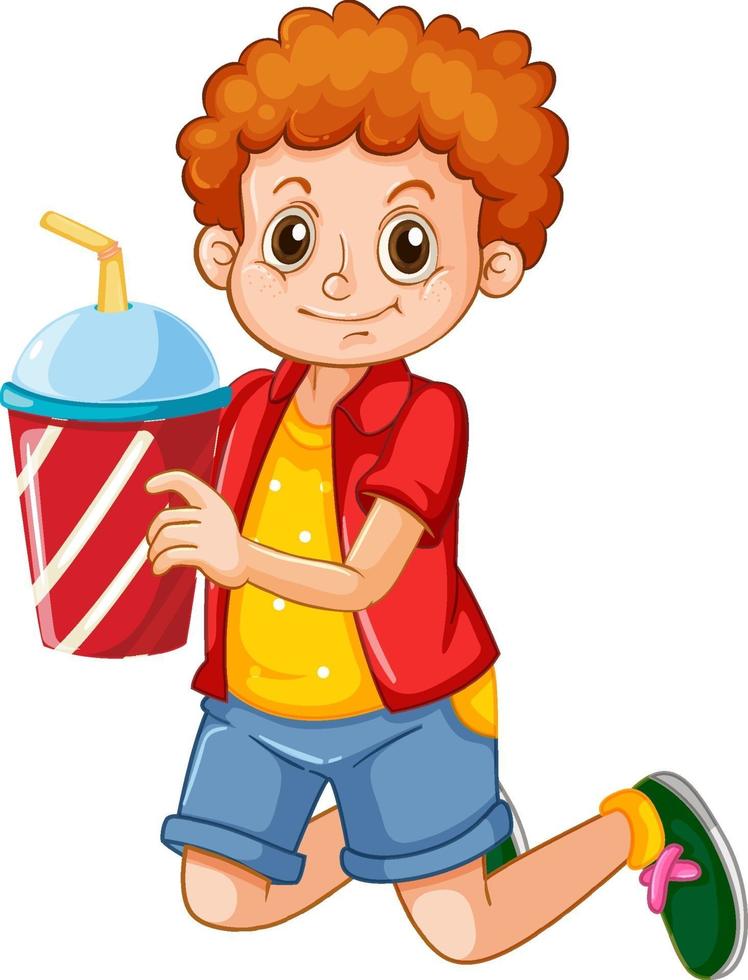 Un garçon tenant un personnage de dessin animé de tasse de boisson isolé sur fond blanc vecteur