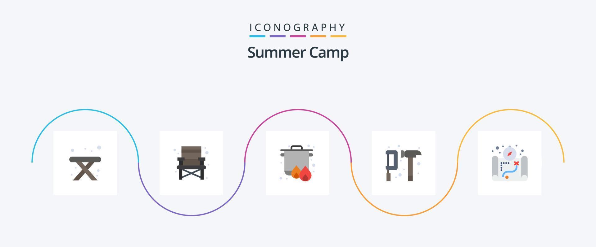été camp plat 5 icône pack comprenant camping. carte. cuisinier. marteau. ingénieur vecteur