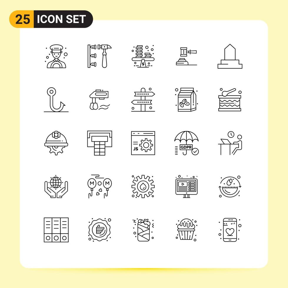 groupe de 25 moderne lignes ensemble pour marteau tribunal affaires enchères loi modifiable vecteur conception éléments
