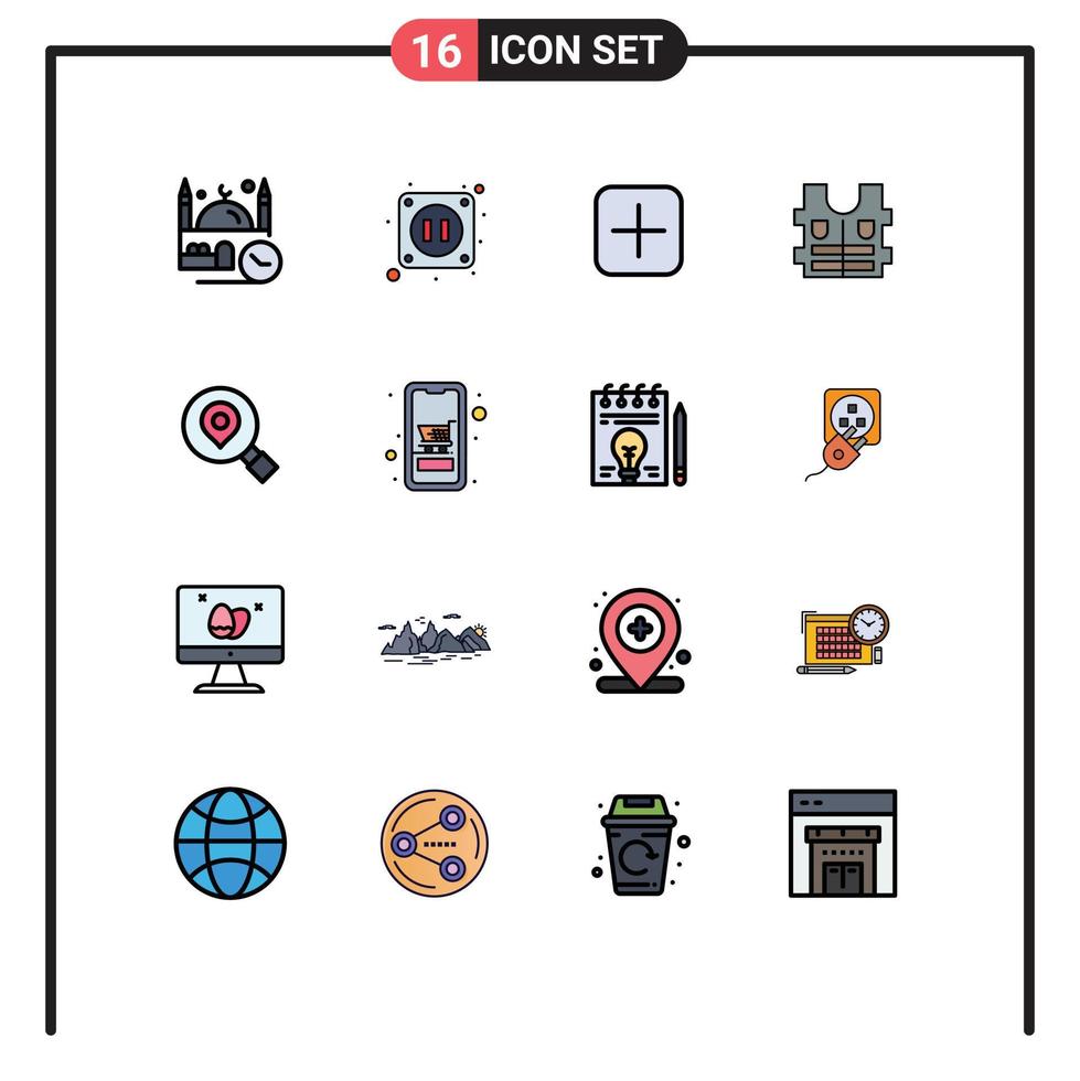 16 utilisateur interface plat Couleur rempli ligne pack de moderne panneaux et symboles de carte recherche instagram sécurité veste modifiable Créatif vecteur conception éléments