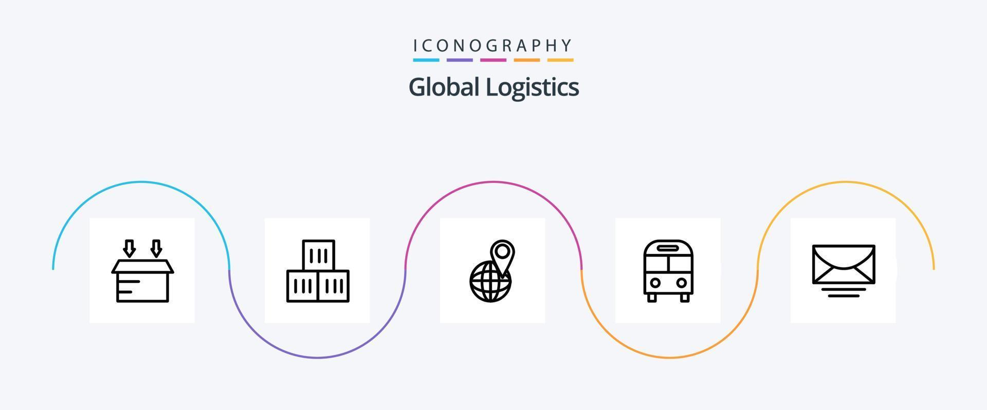 global logistique ligne 5 icône pack comprenant e-mail. transport. emplacement. la logistique. autobus vecteur