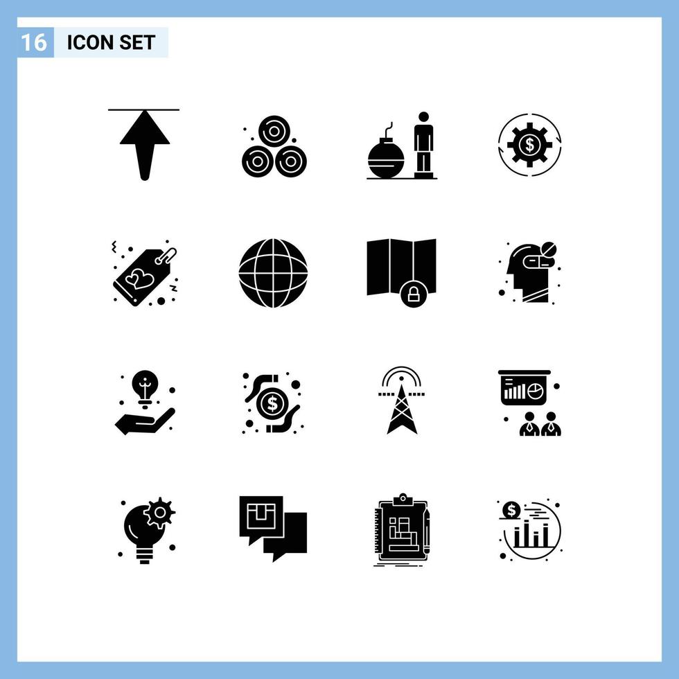 groupe de 16 solide glyphes panneaux et symboles pour cœur argent moderne fabrication gains modifiable vecteur conception éléments