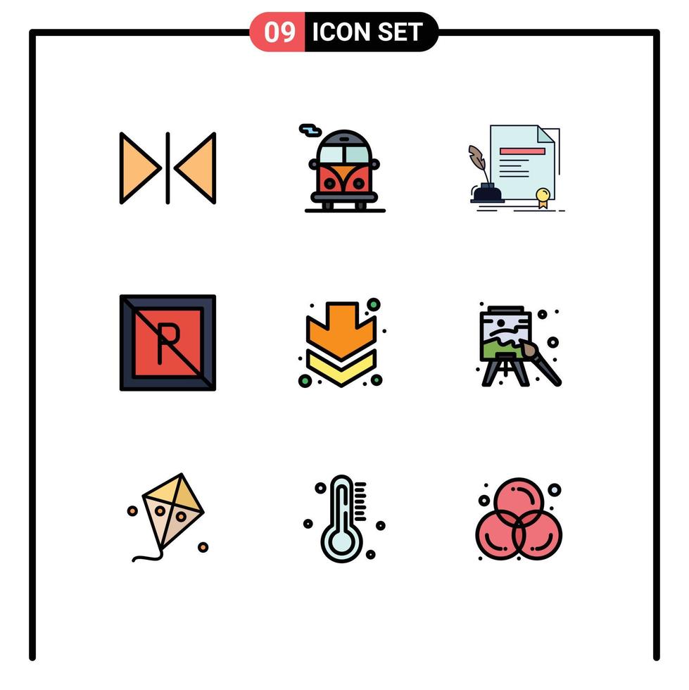 mobile interface ligne remplie plat Couleur ensemble de 9 pictogrammes de plein La Flèche document ne pas parc modifiable vecteur conception éléments