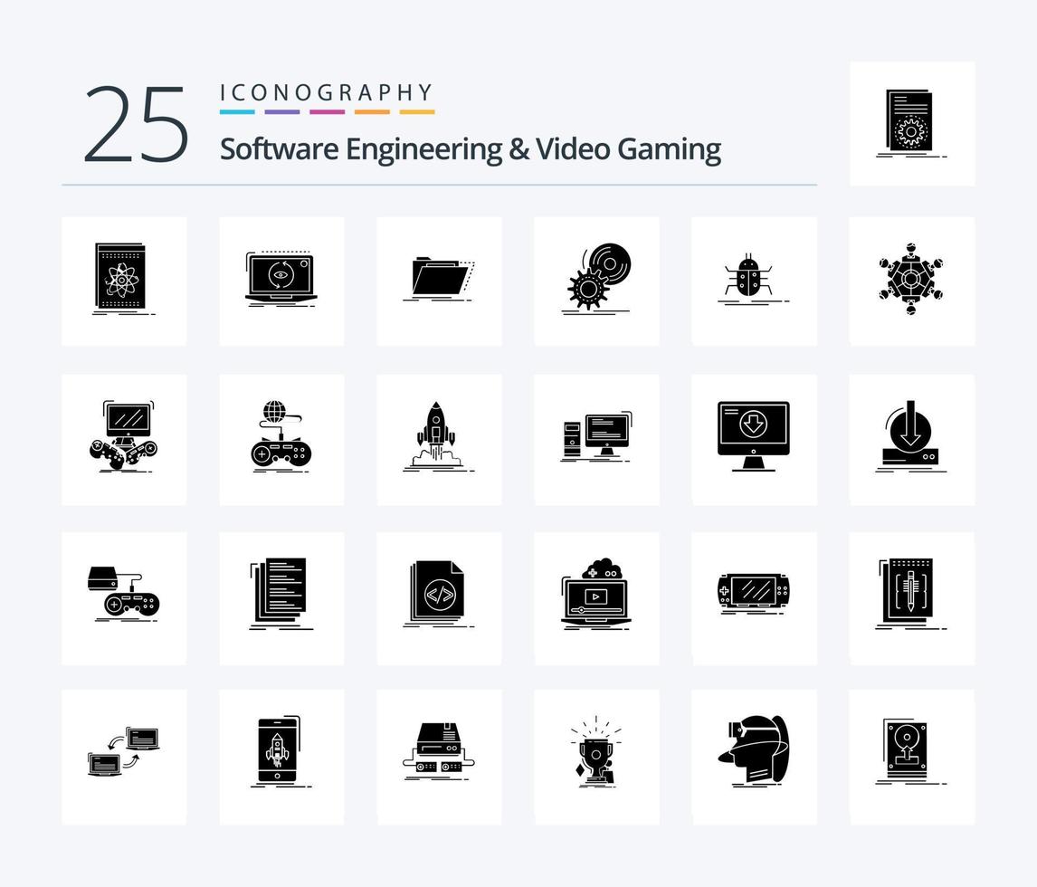 Logiciel ingénierie et vidéo jeu 25 solide glyphe icône pack comprenant installer. CD. logiciel. dossier. annuaire vecteur