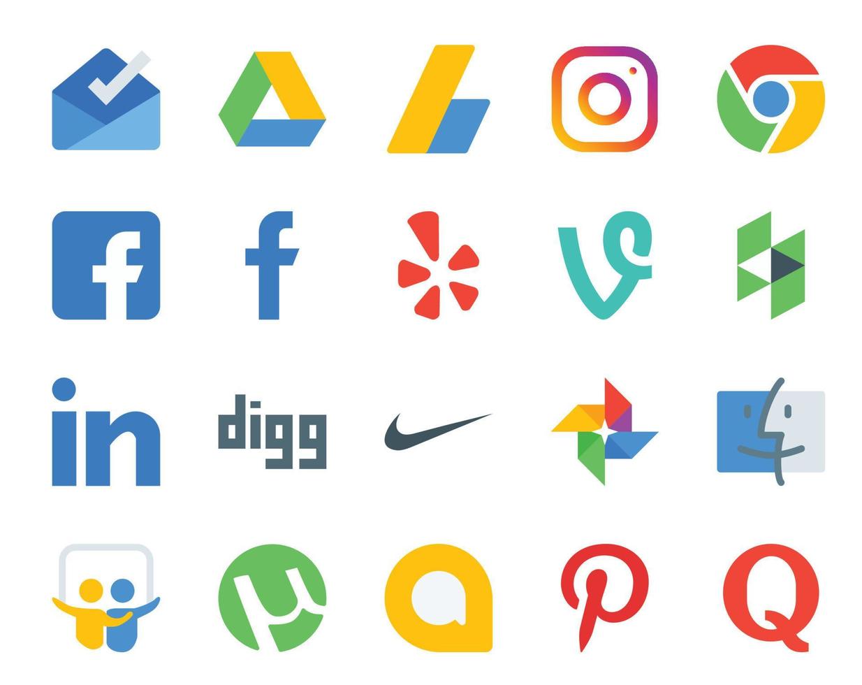 20 social médias icône pack comprenant Google Allo partage de diapositives vigne chercheur Nike vecteur