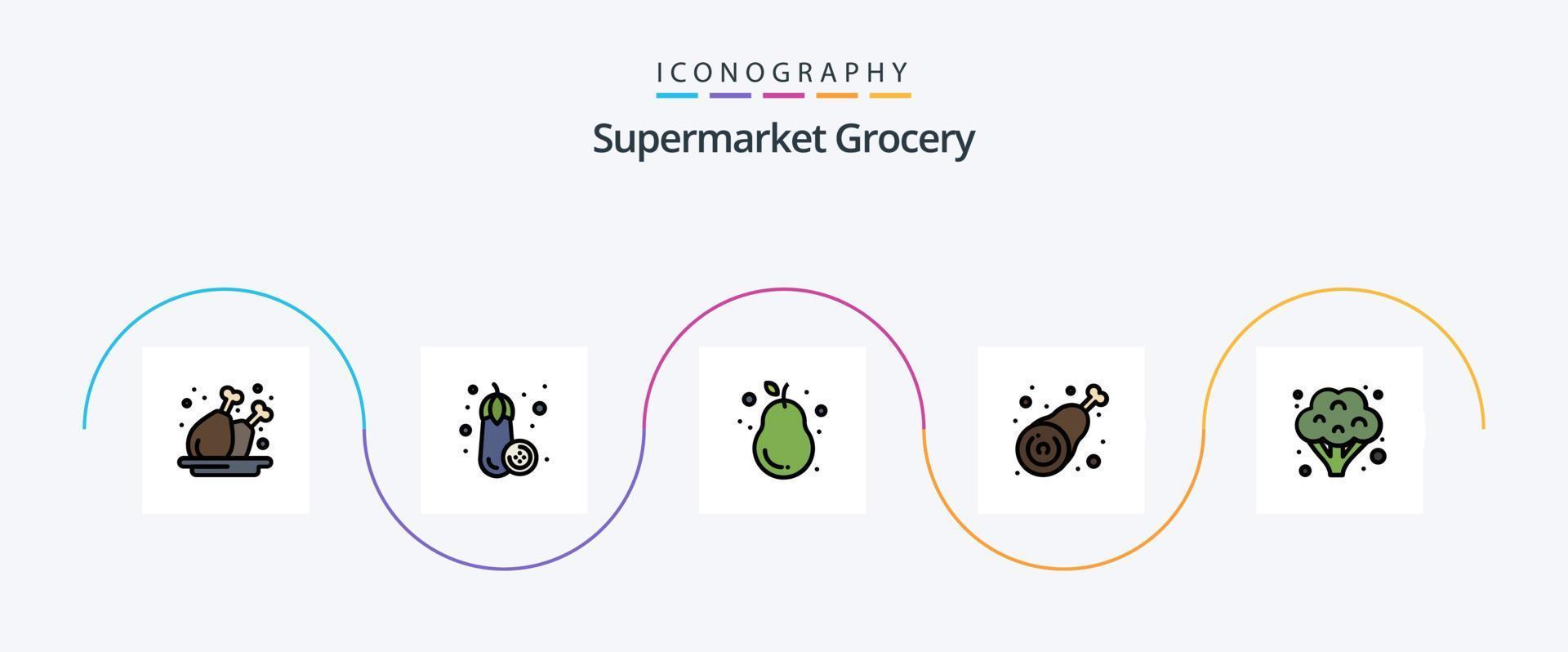 épicerie ligne rempli plat 5 icône pack comprenant brocoli. jambe. fruit. poulet. pilon vecteur