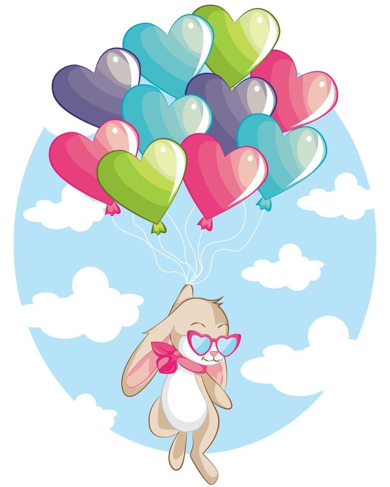 petit lapin volant avec des ballons coeur vecteur