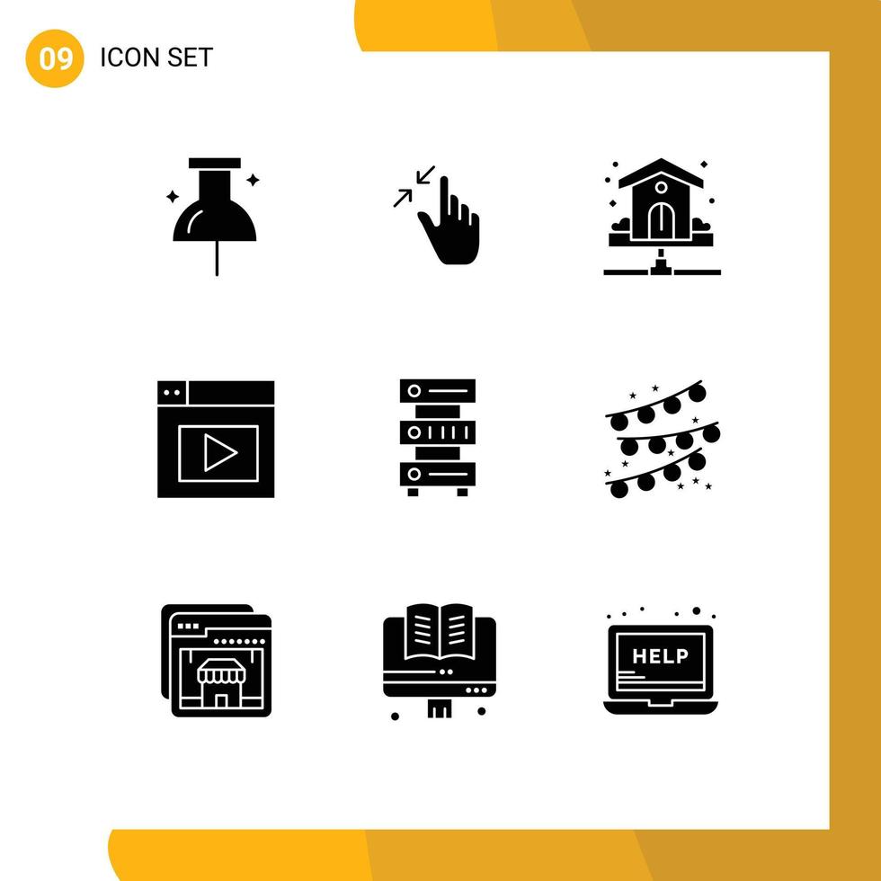 mobile interface solide glyphe ensemble de 9 pictogrammes de base de données vidéo maison conception l'eau modifiable vecteur conception éléments