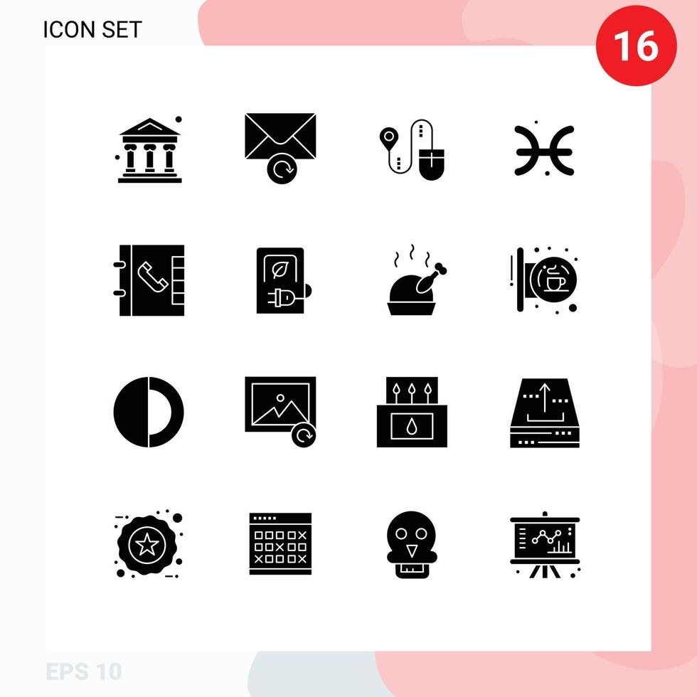 16 thématique vecteur solide glyphes et modifiable symboles de mise en charge téléphone chercher Contacts Poissons modifiable vecteur conception éléments