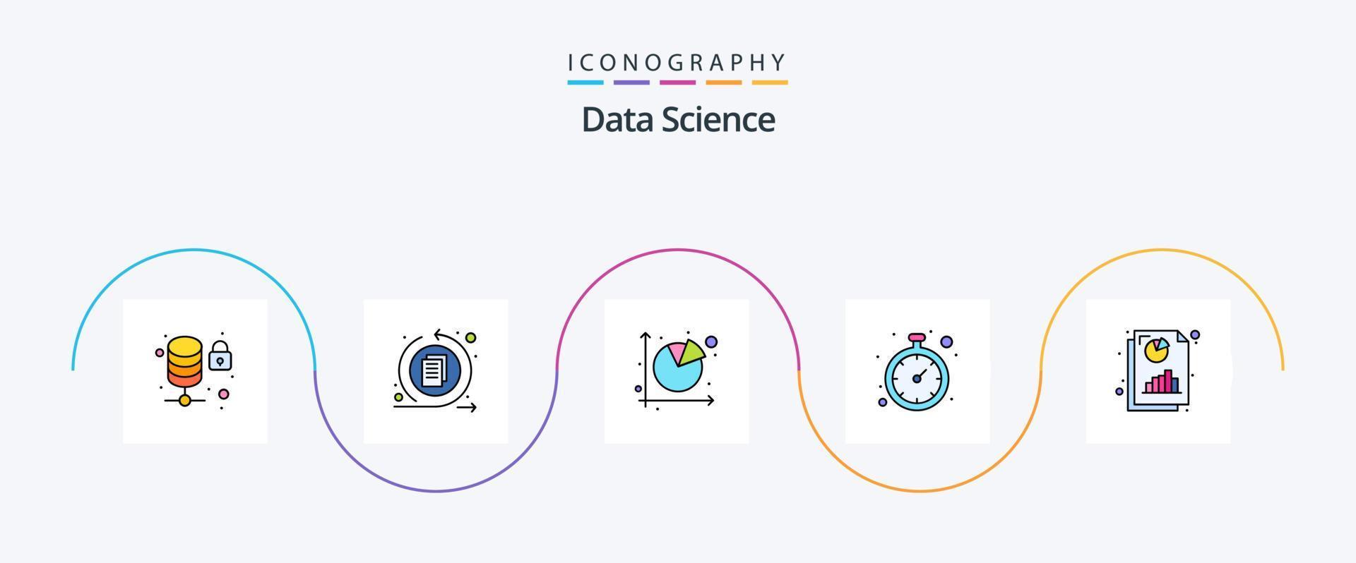 Les données science ligne rempli plat 5 icône pack comprenant analytique. temps analyse. graphique. temps. l'horloge vecteur