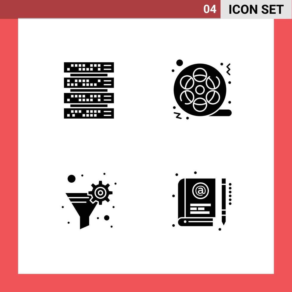 groupe de 4 solide glyphes panneaux et symboles pour ordinateur Les données filtre serveur cinéma entonnoir modifiable vecteur conception éléments