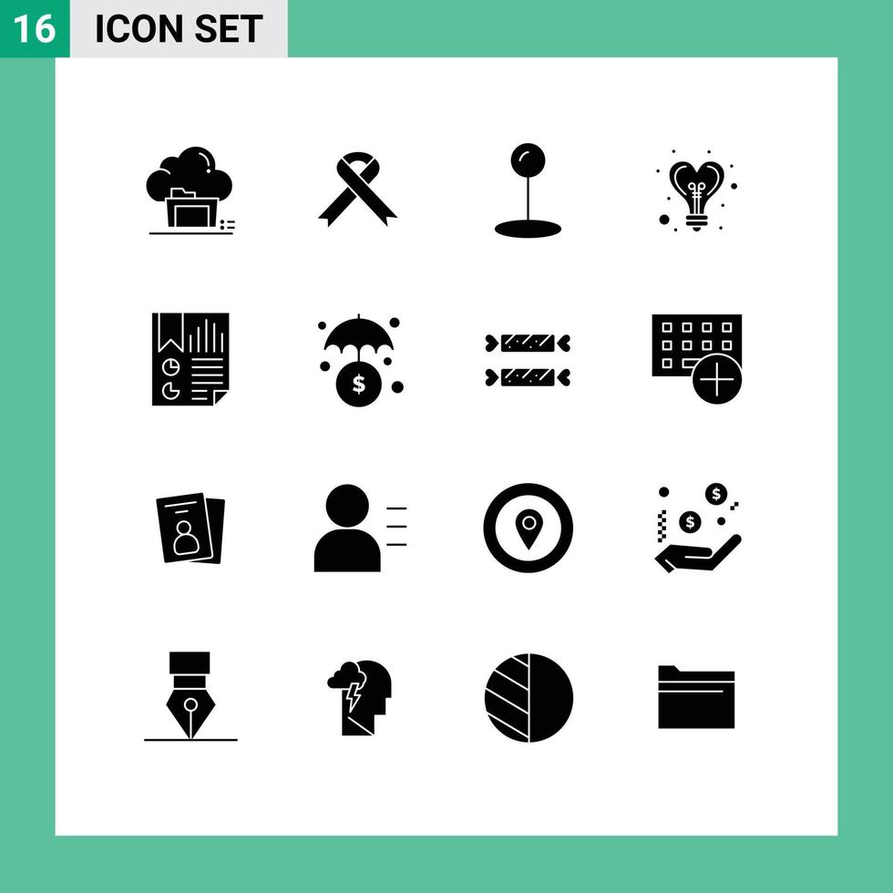 16 solide glyphe concept pour sites Internet mobile et applications document signet médical cœur idée modifiable vecteur conception éléments