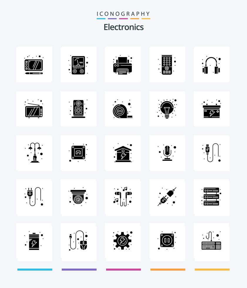 Créatif électronique 25 glyphe solide noir icône pack tel comme télévision. casque. imprimante. écouteurs. la télé vecteur
