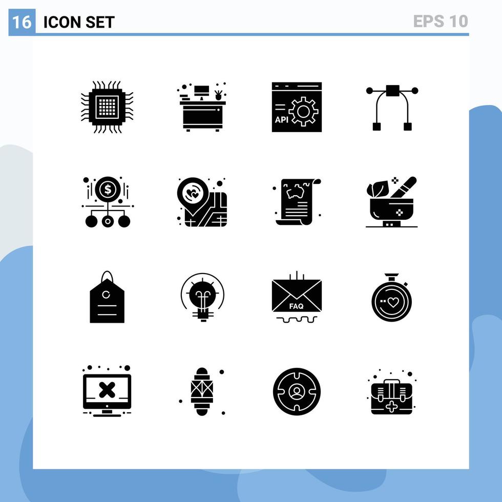 pictogramme ensemble de 16 Facile solide glyphes de grossissant outil navigateur graphique programmation modifiable vecteur conception éléments