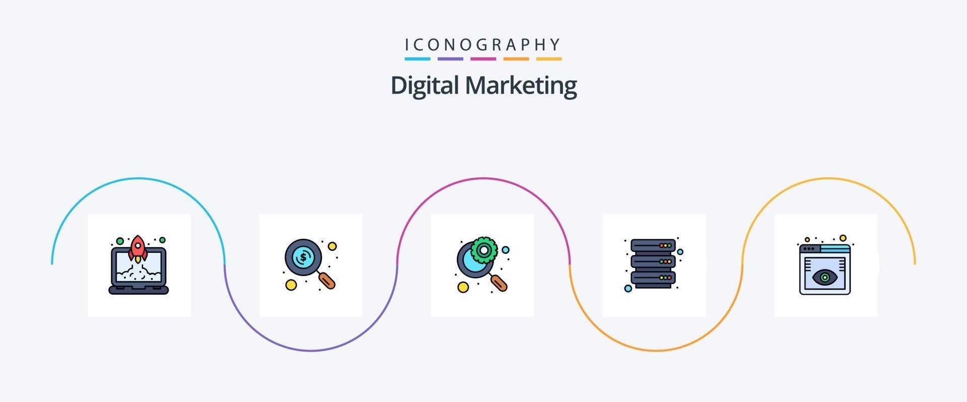 numérique commercialisation ligne rempli plat 5 icône pack comprenant seo surveillance. verre. stockage. Les données vecteur