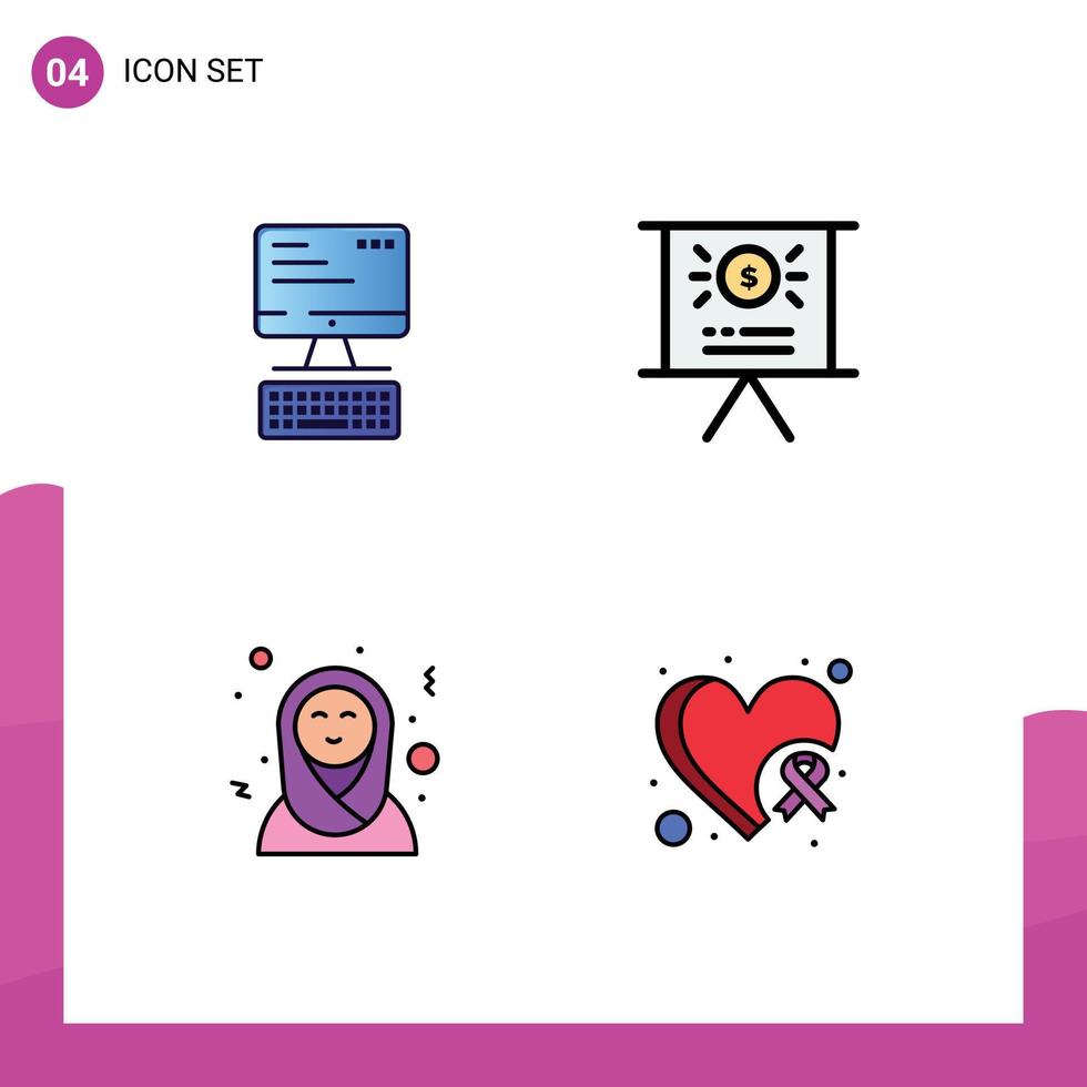 pictogramme ensemble de 4 Facile ligne remplie plat couleurs de ordinateur islamique femmes l'informatique présentation cancer modifiable vecteur conception éléments