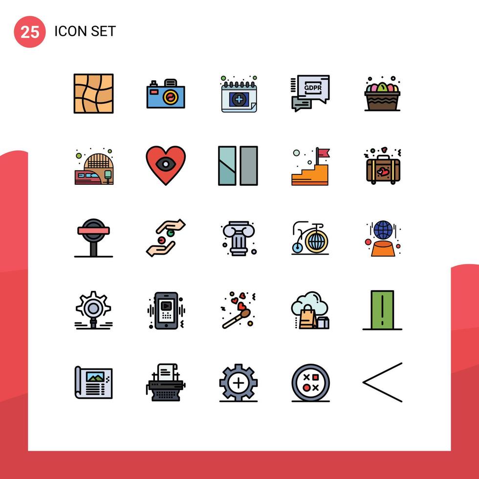groupe de 25 rempli ligne plat couleurs panneaux et symboles pour chemin de fer station ferme médical Oeuf Sécurité bavarder modifiable vecteur conception éléments