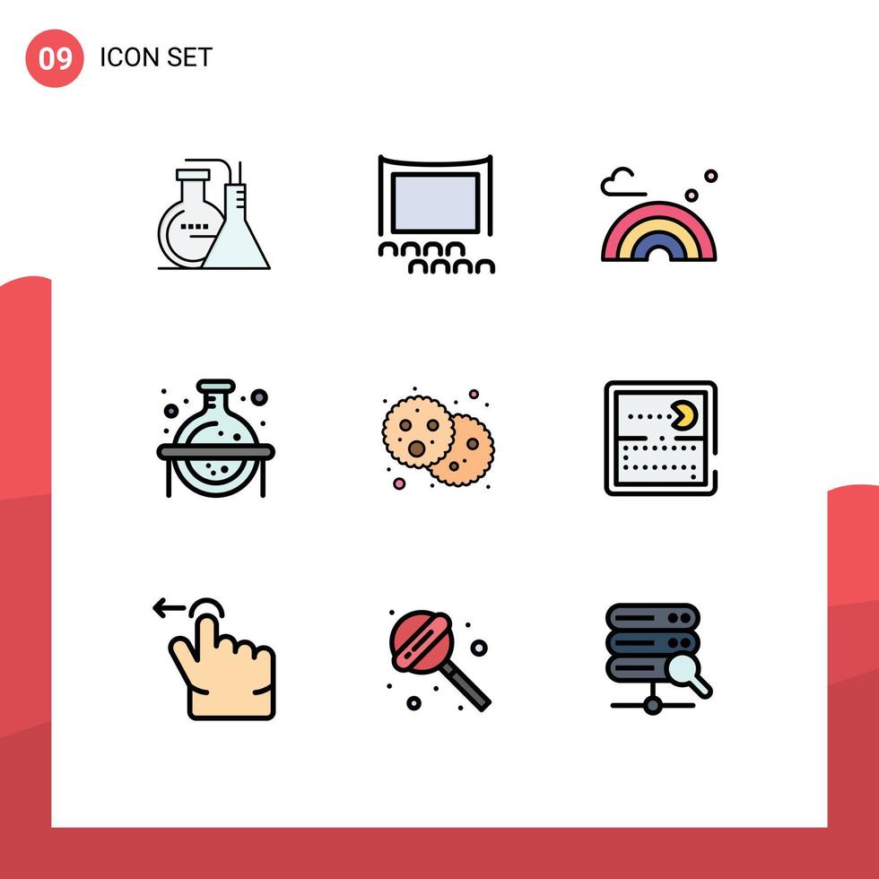 9 universel ligne remplie plat couleurs ensemble pour la toile et mobile applications nourriture étude la nature science chimique modifiable vecteur conception éléments