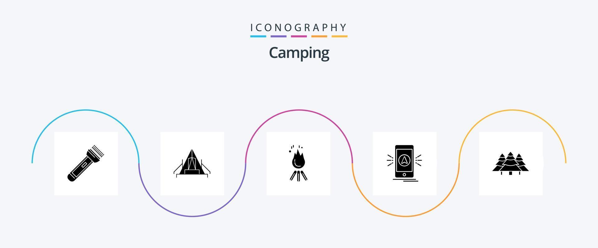 camping glyphe 5 icône pack comprenant la navigation. camp. site de camp. camping. flamme vecteur