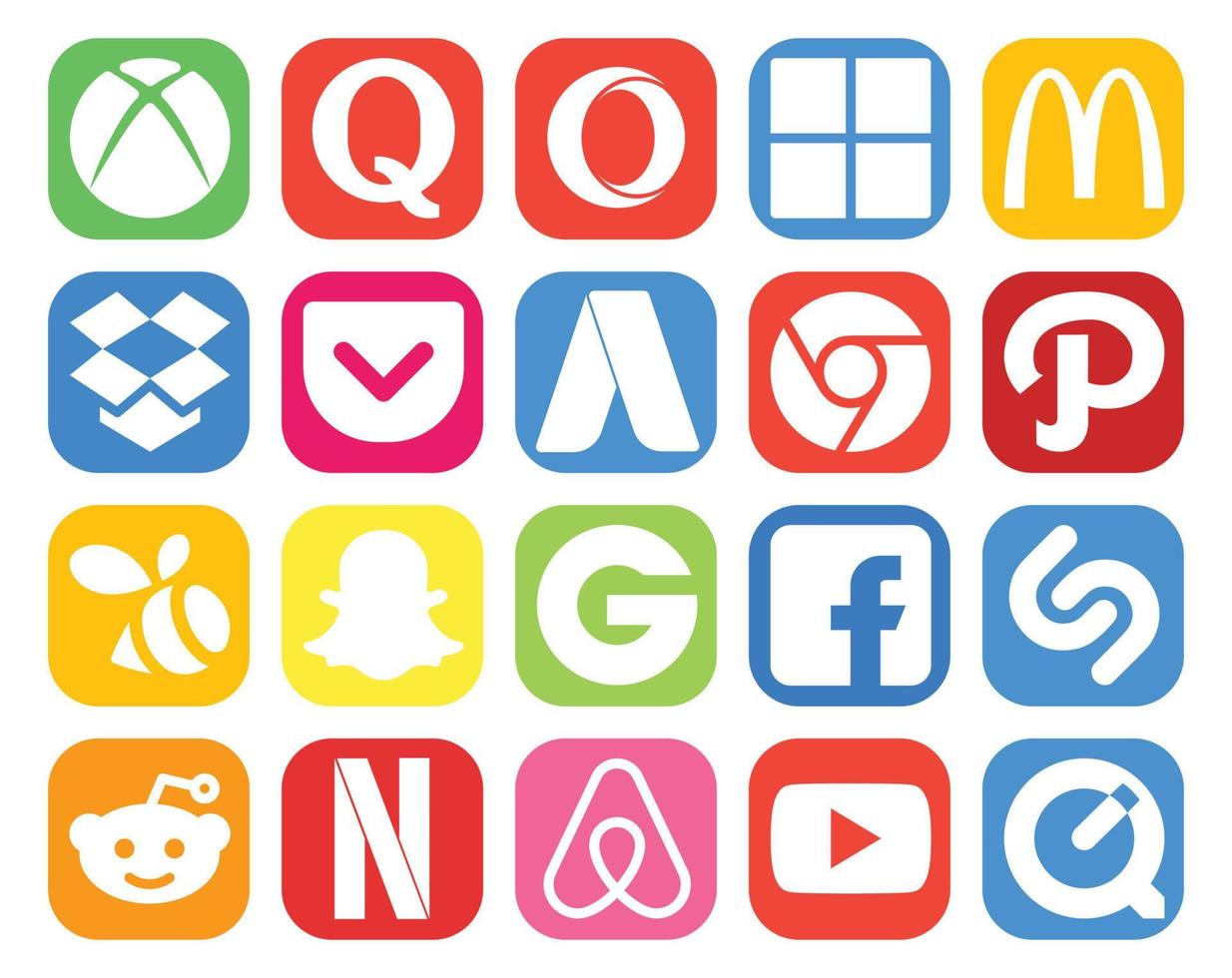 20 social médias icône pack comprenant Netflix Shazam adwords Facebook snapchat vecteur