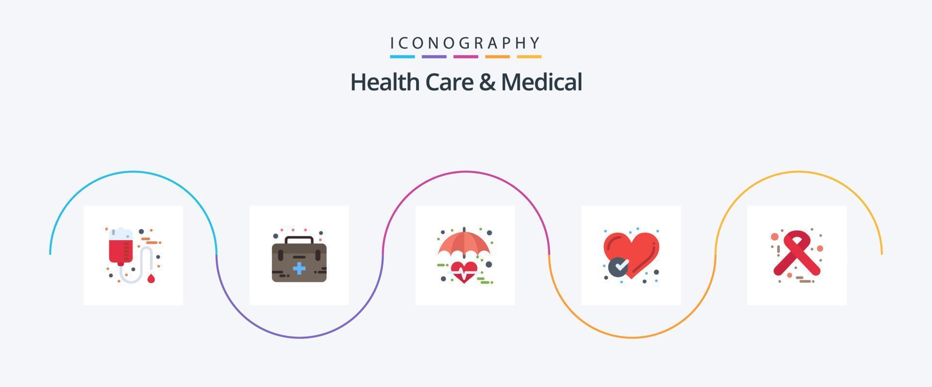santé se soucier et médical plat 5 icône pack comprenant fait. rapport. médical. cœur. médical vecteur