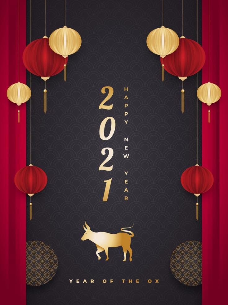 bonne année chinoise 2021 année du bœuf. Carte de voeux chinoise avec bœuf doré et lanternes en papier découpé sur fond noir vecteur