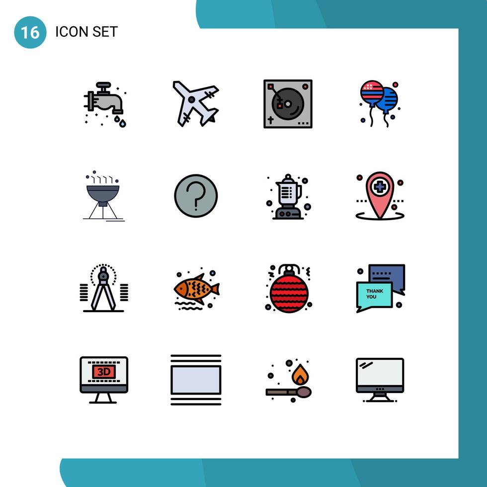 mobile interface plat Couleur rempli ligne ensemble de 16 pictogrammes de nourriture cuisine un barbecue la musique américain bloons modifiable Créatif vecteur conception éléments