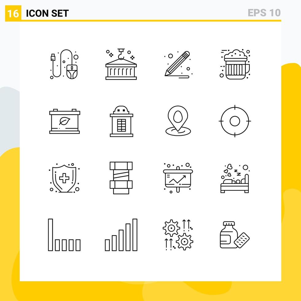 16 thématique vecteur grandes lignes et modifiable symboles de billet enregistrer crayon batterie boisson modifiable vecteur conception éléments