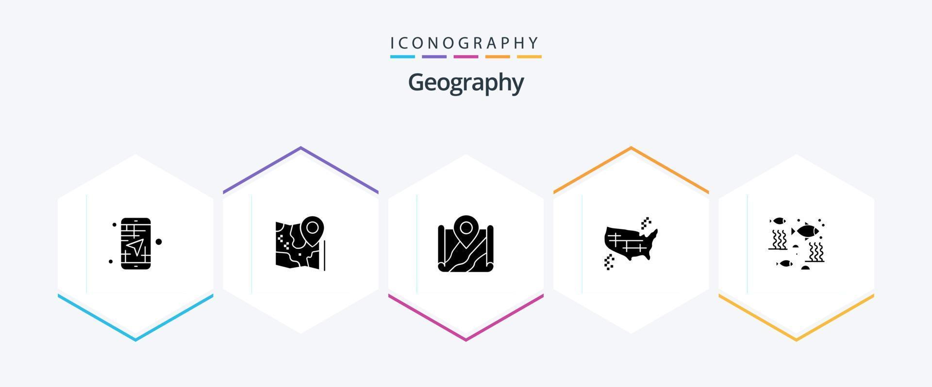 géo graphie 25 glyphe icône pack comprenant rivière. poisson. Google. Amérique. uni vecteur
