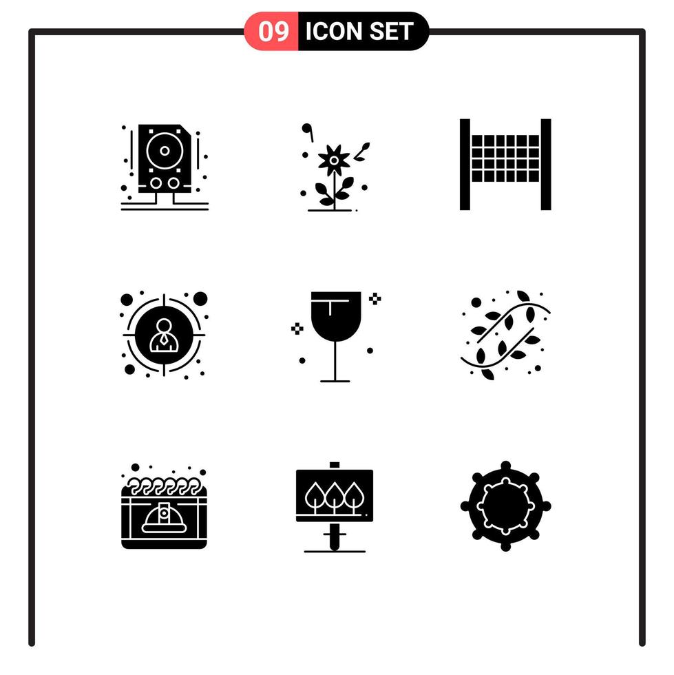 9 utilisateur interface solide glyphe pack de moderne panneaux et symboles de bourgeons verre net nourriture cible client modifiable vecteur conception éléments