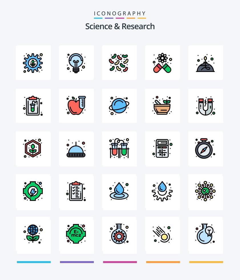Créatif science 25 ligne rempli icône pack tel comme laboratoire. brûleur. bactéries. alcool. médicament vecteur