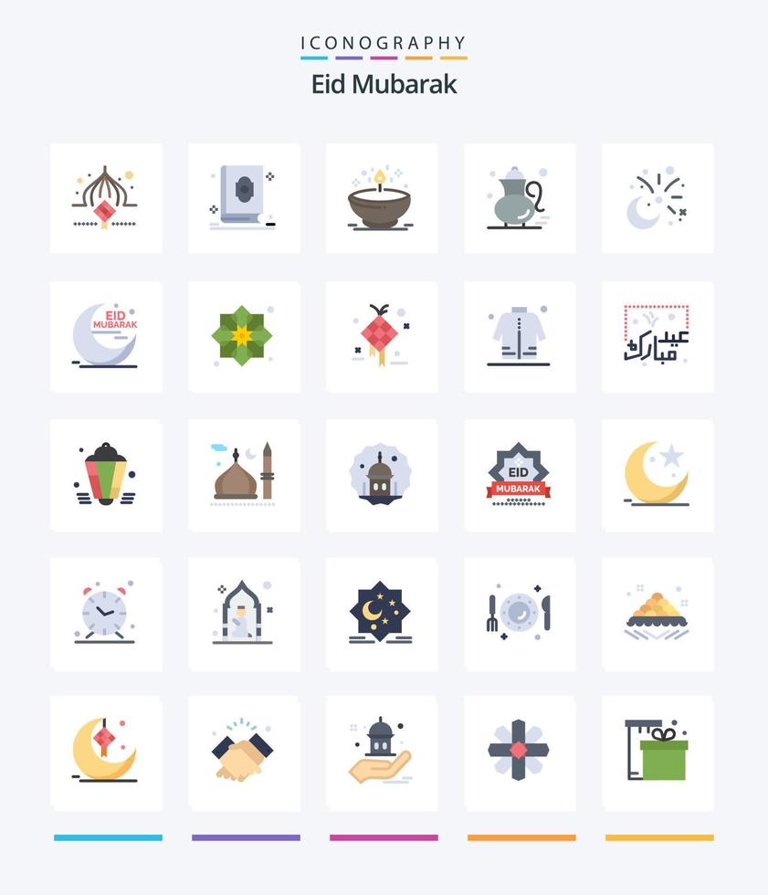 Créatif eid mubarak 25 plat icône pack tel comme qehwa. thé. musulman. lumière. dia vecteur