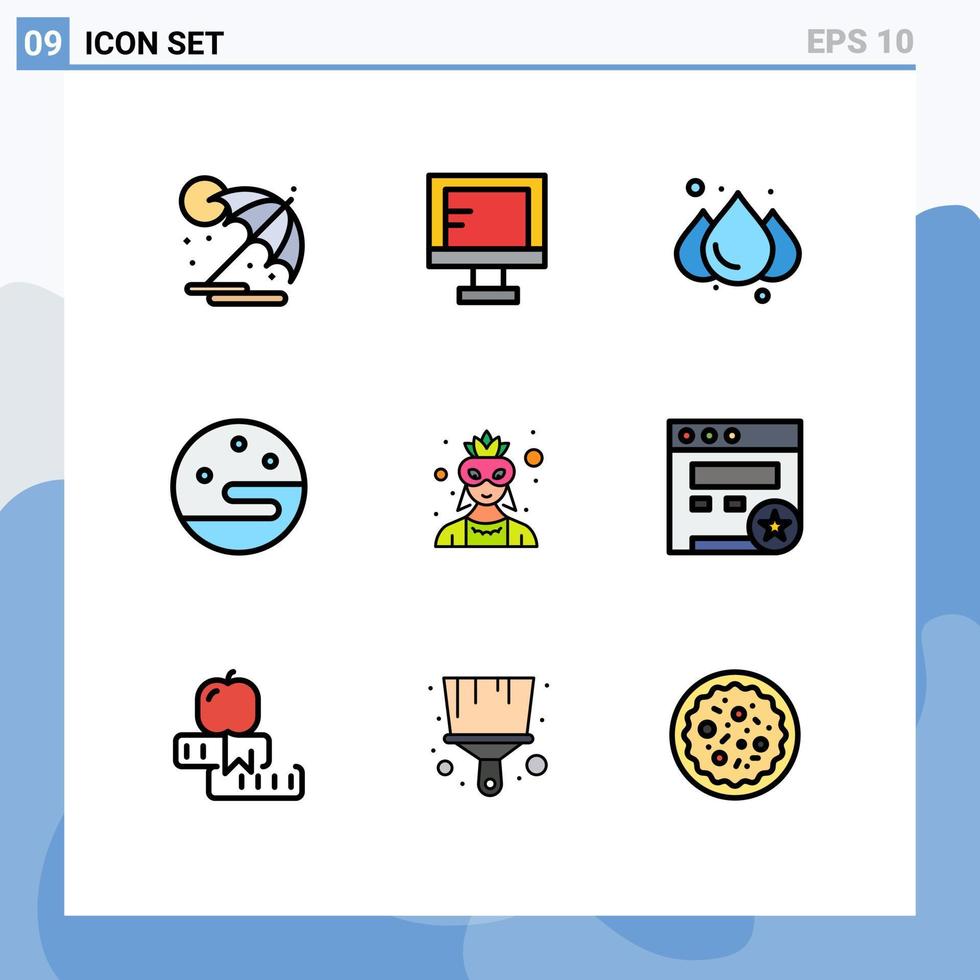 mobile interface ligne remplie plat Couleur ensemble de 9 pictogrammes de costume avatar pluie masque nuit modifiable vecteur conception éléments
