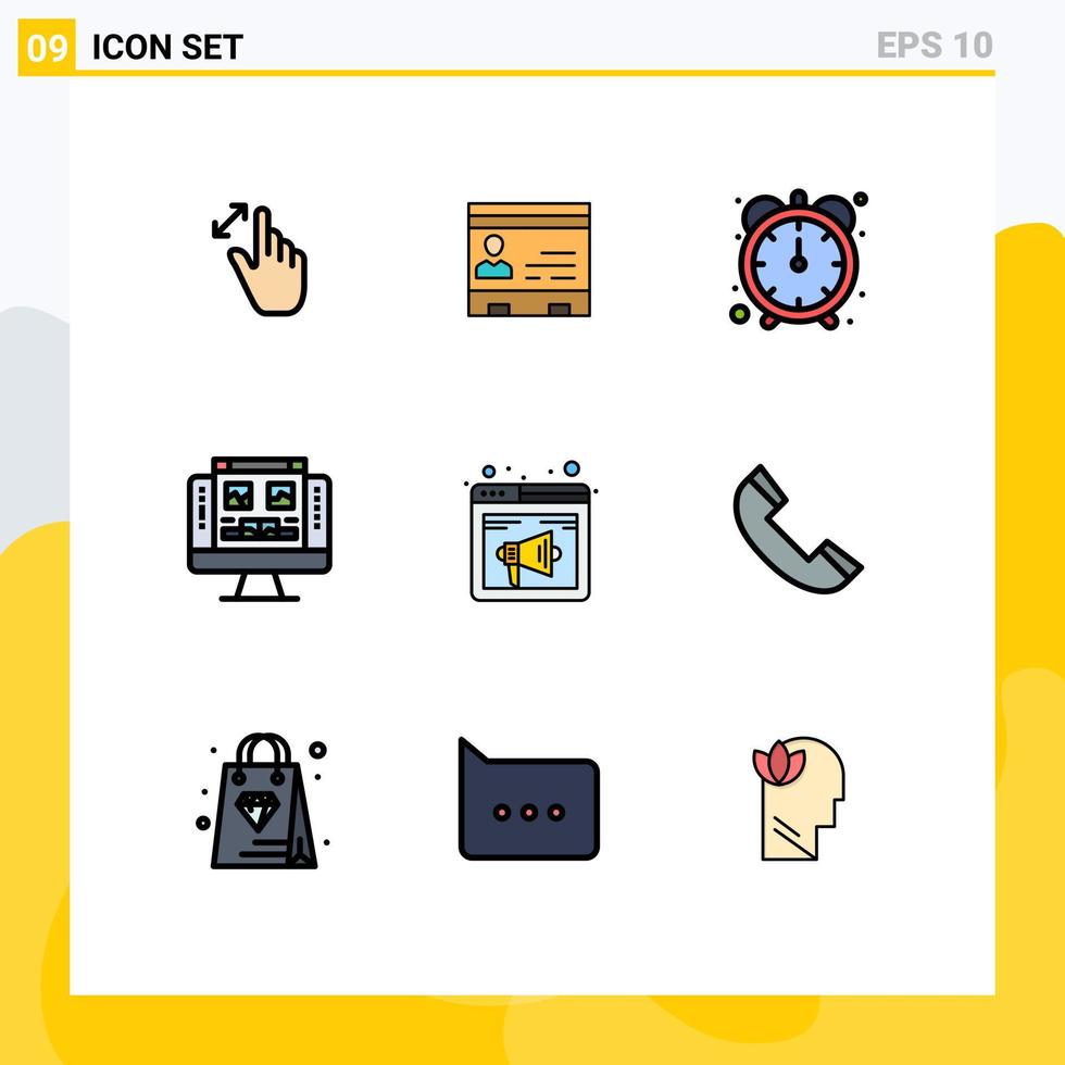 mobile interface ligne remplie plat Couleur ensemble de 9 pictogrammes de moniteur Galerie Contacts chronomètre Efficacité modifiable vecteur conception éléments